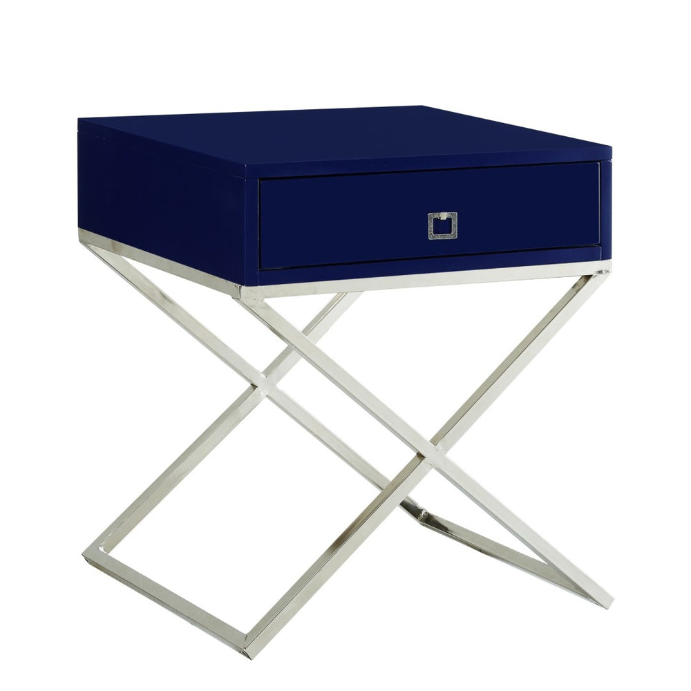 HomeRoots 25" Navy Blue and Silver End Table with Drawer - Chic Metal Cross Legs, Compact Design & Versatile Use 544113
