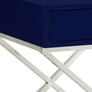 HomeRoots 25" Navy Blue and Silver End Table with Drawer - Chic Metal Cross Legs, Compact Design & Versatile Use 544113