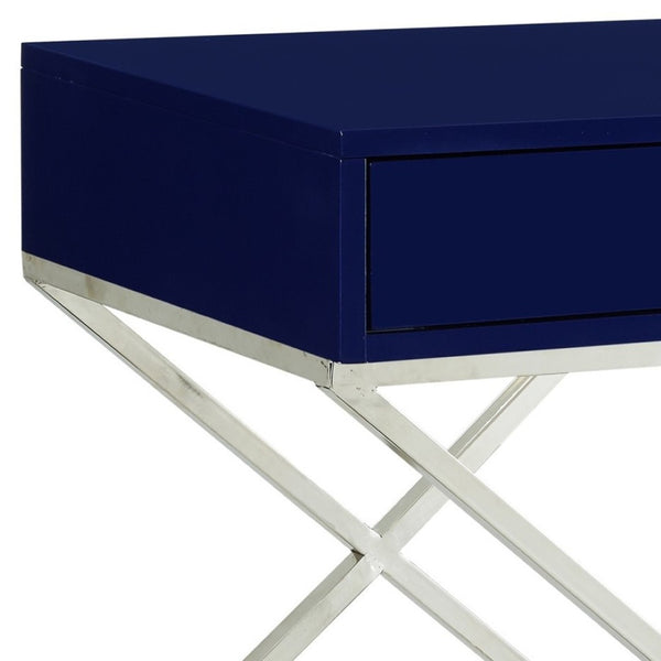 HomeRoots 25" Navy Blue and Silver End Table with Drawer - Chic Metal Cross Legs, Compact Design & Versatile Use 544113