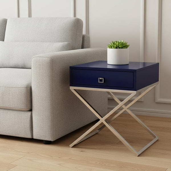 HomeRoots 25" Navy Blue and Silver End Table with Drawer - Chic Metal Cross Legs, Compact Design & Versatile Use 544113