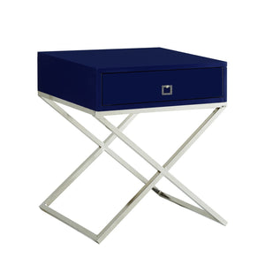 HomeRoots 25" Navy Blue and Silver End Table with Drawer - Chic Metal Cross Legs, Compact Design & Versatile Use 544113