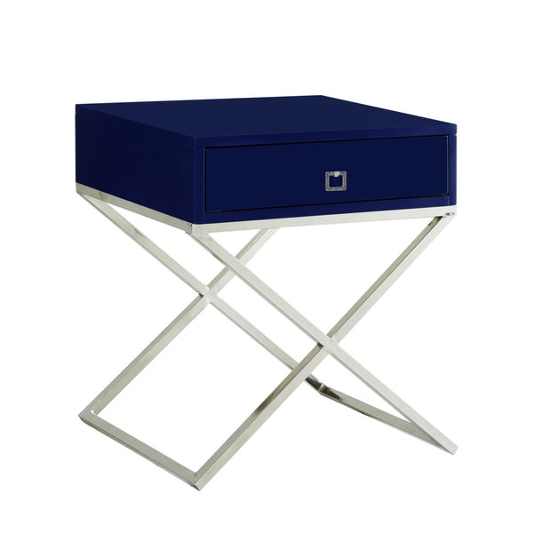 HomeRoots 25" Navy Blue and Silver End Table with Drawer - Chic Metal Cross Legs, Compact Design & Versatile Use 544113