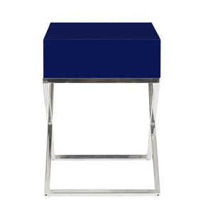 HomeRoots 25" Navy Blue and Silver End Table with Drawer - Chic Metal Cross Legs, Compact Design & Versatile Use 544113
