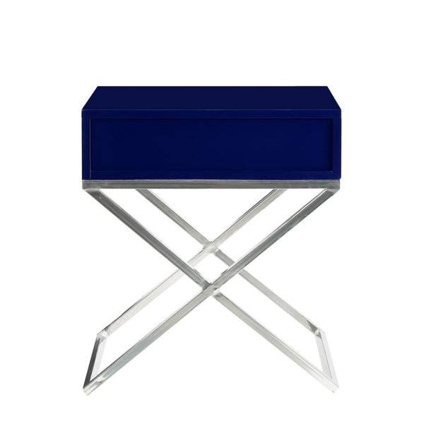 HomeRoots 25" Navy Blue and Silver End Table with Drawer - Chic Metal Cross Legs, Compact Design & Versatile Use 544113
