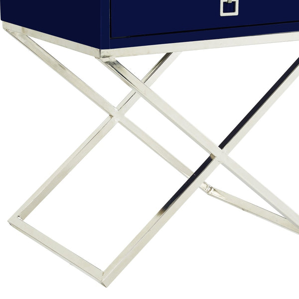 HomeRoots 25" Navy Blue and Silver End Table with Drawer - Chic Metal Cross Legs, Compact Design & Versatile Use 544113