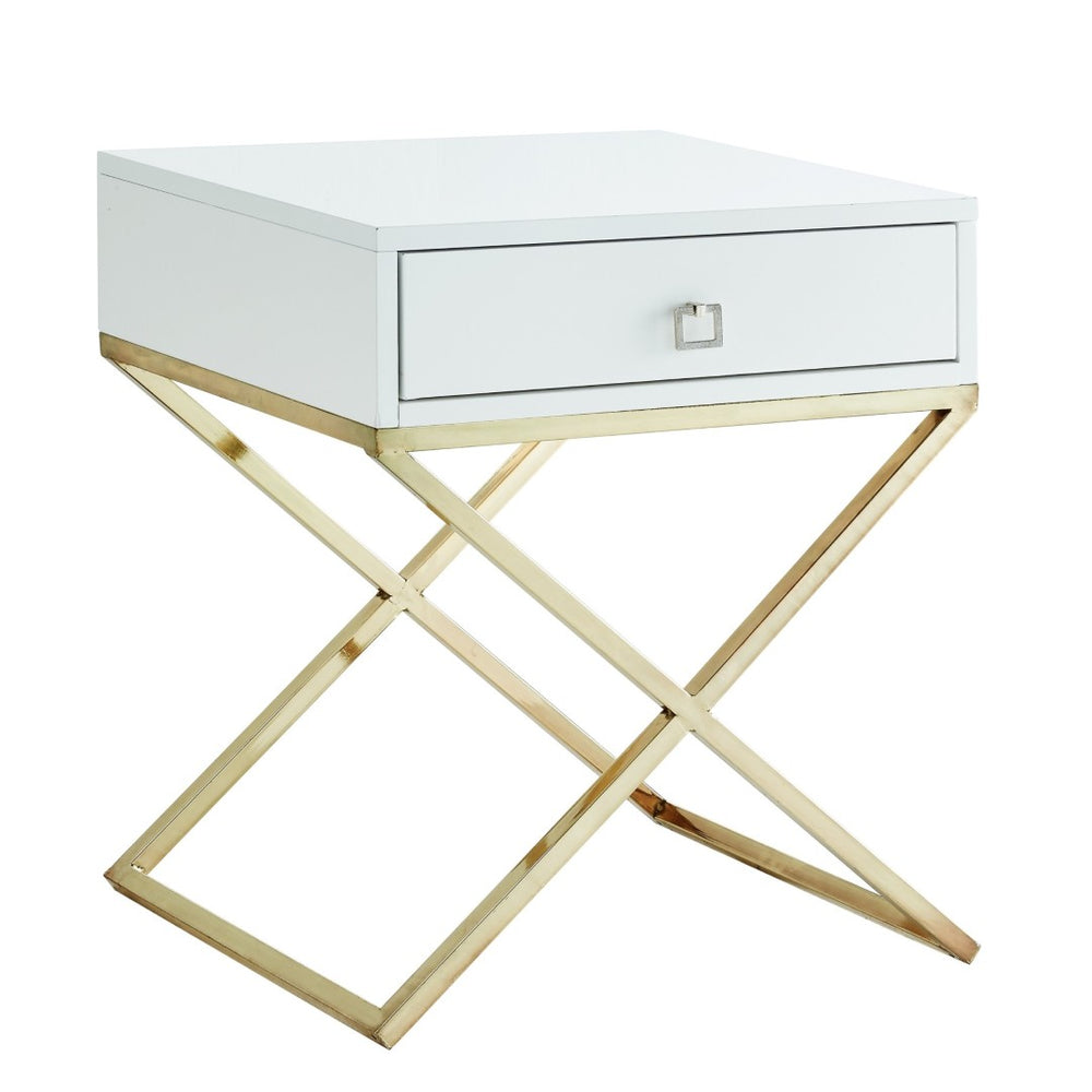 HomeRoots 25" Modern White and Silver End Table with Drawer - Stylish Cross-Leg Design for Any Room 544115