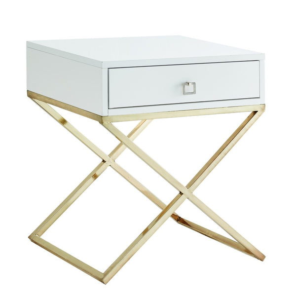 HomeRoots 25" Modern White and Silver End Table with Drawer - Stylish Cross-Leg Design for Any Room 544115