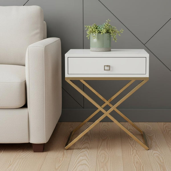 HomeRoots 25" Modern White and Silver End Table with Drawer - Stylish Cross-Leg Design for Any Room 544115