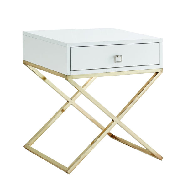 HomeRoots 25" Modern White and Silver End Table with Drawer - Stylish Cross-Leg Design for Any Room 544115
