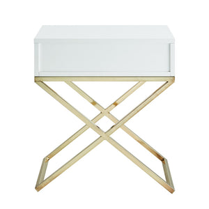 HomeRoots 25" Modern White and Silver End Table with Drawer - Stylish Cross-Leg Design for Any Room 544115