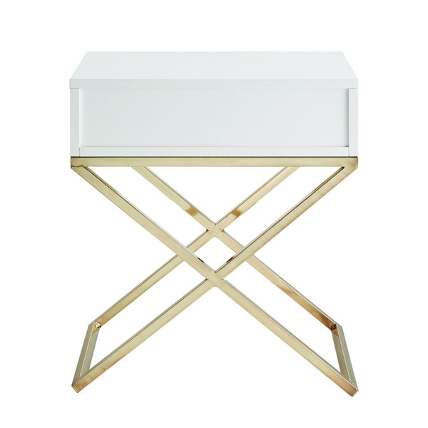 HomeRoots 25" Modern White and Silver End Table with Drawer - Stylish Cross-Leg Design for Any Room 544115