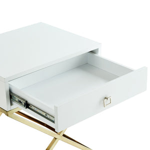 HomeRoots 25" Modern White and Silver End Table with Drawer - Stylish Cross-Leg Design for Any Room 544115