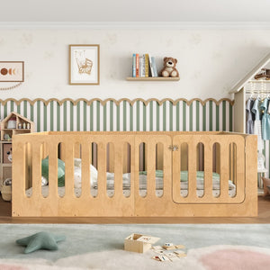 English Elm Twin Solid Pine Montessori Floor Bed with House Frame Door and Safety Fence Natural W5305P420633