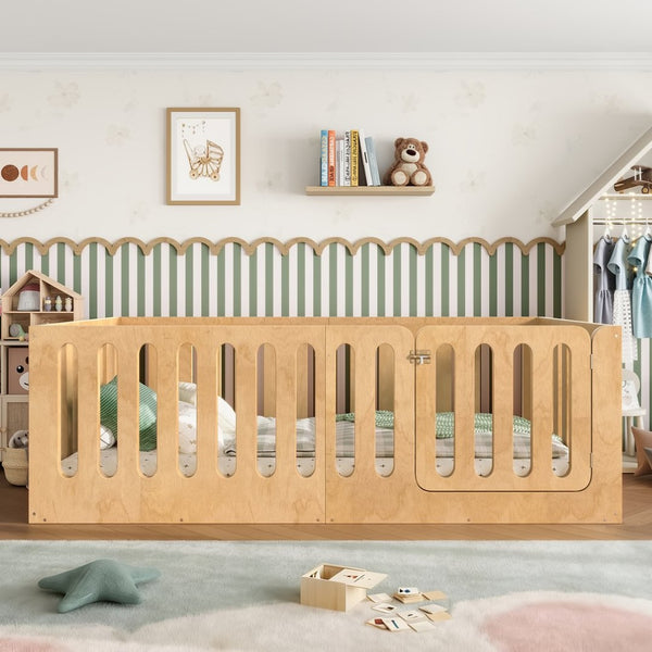 English Elm Twin Solid Pine Montessori Floor Bed with House Frame Door and Safety Fence Natural W5305P420633
