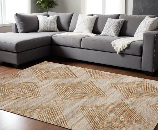 Homeroots 9' X 12' Brown And Ivory Geometric Hand Woven Non Skid Area Rug  Jute,Cotton 544157