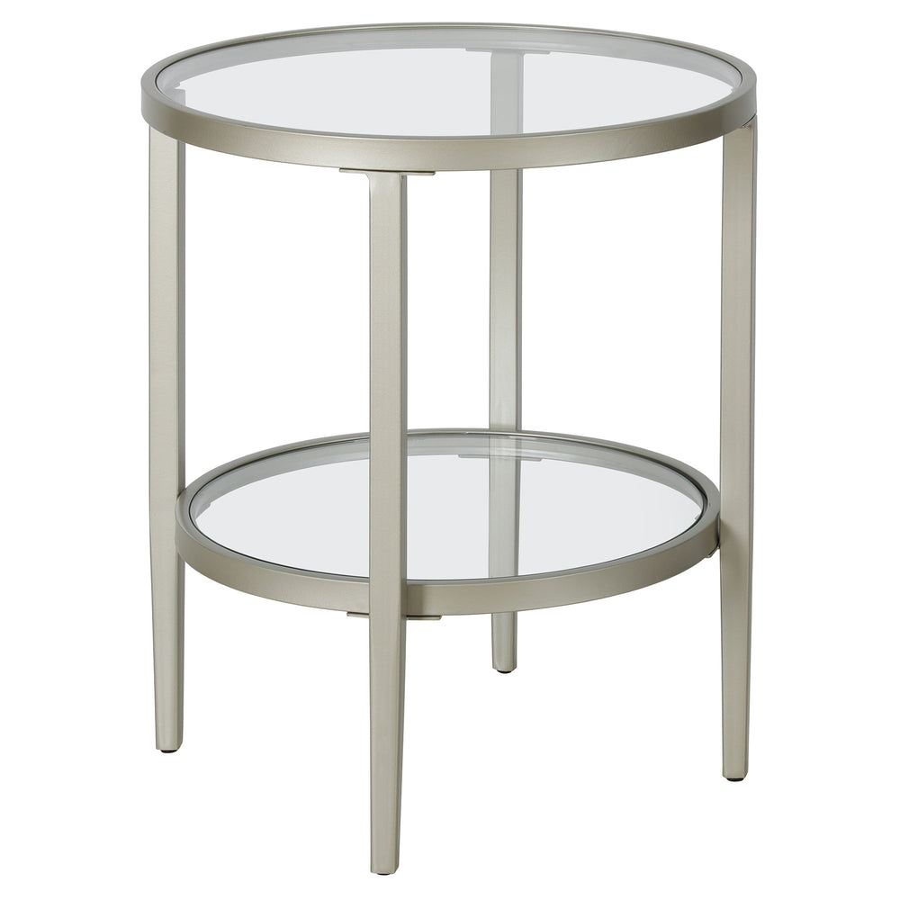 Homeroots 24" Nickel And Clear Glass And Steel Round End Table With Shelf   544166