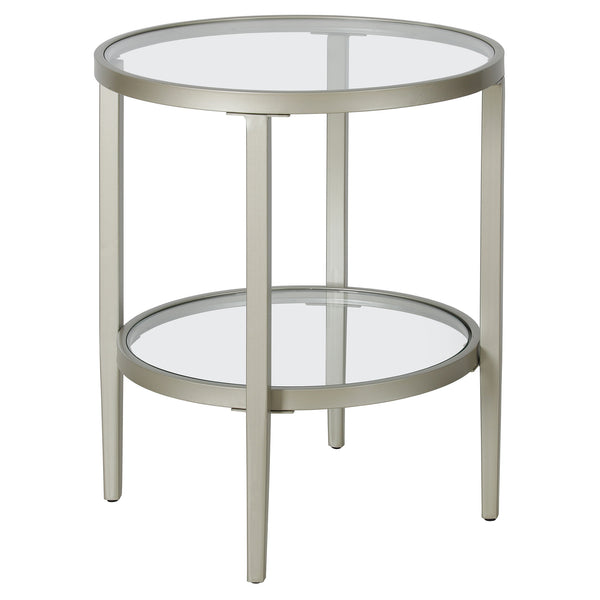 Homeroots 24" Nickel And Clear Glass And Steel Round End Table With Shelf   544166