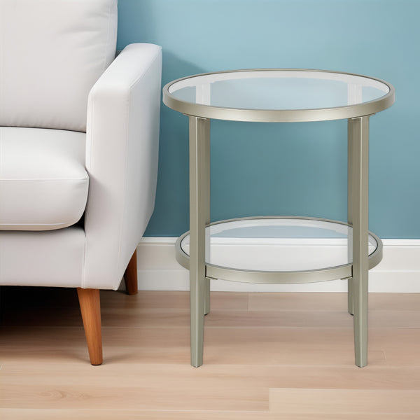 Homeroots 24" Nickel And Clear Glass And Steel Round End Table With Shelf   544166