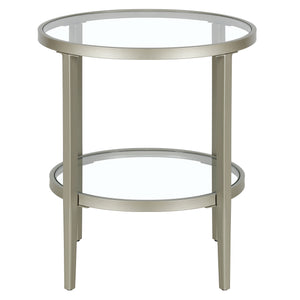 Homeroots 24" Nickel And Clear Glass And Steel Round End Table With Shelf   544166