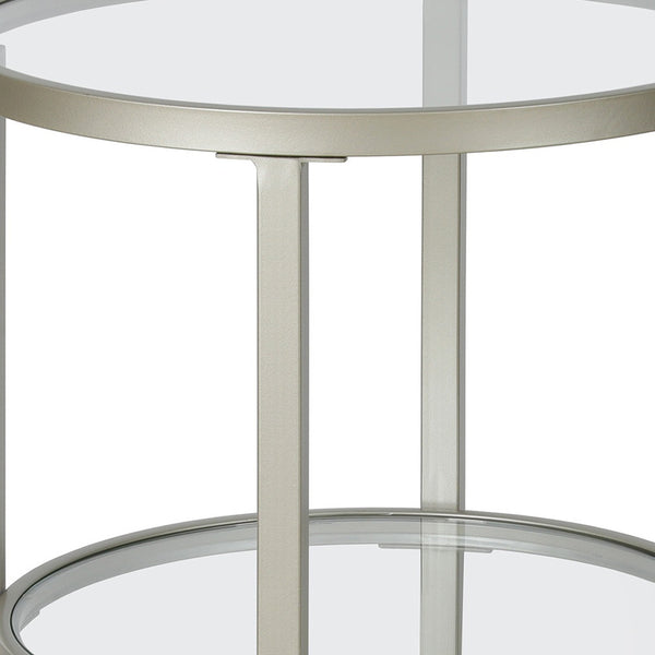Homeroots 24" Nickel And Clear Glass And Steel Round End Table With Shelf   544166