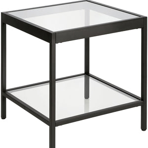 Homeroots 22" Black And Clear Glass And Steel Square End Table With Shelf   544170
