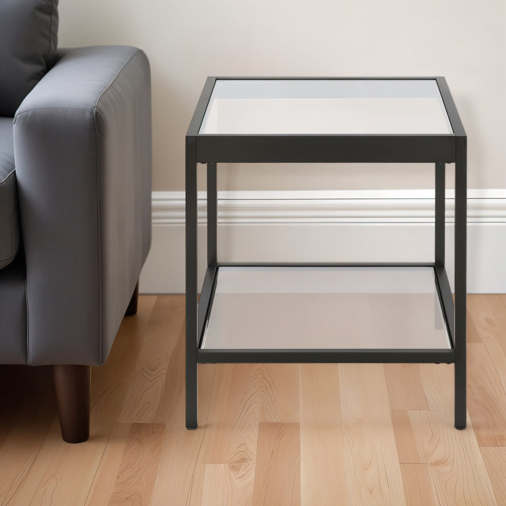 Homeroots 22" Black And Clear Glass And Steel Square End Table With Shelf   544170