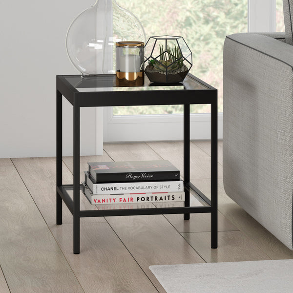 Homeroots 22" Black And Clear Glass And Steel Square End Table With Shelf   544170