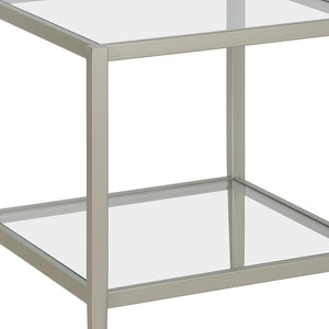 Homeroots 22" Nickel And Clear Glass And Steel Square End Table With Shelf   544179