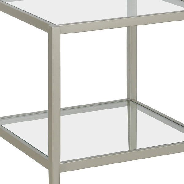 Homeroots 22" Nickel And Clear Glass And Steel Square End Table With Shelf   544179