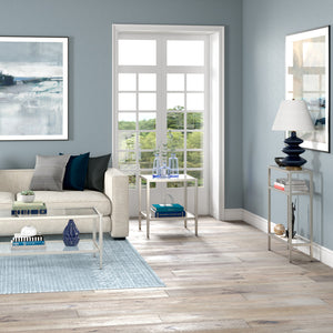 Homeroots 22" Nickel And Clear Glass And Steel Square End Table With Shelf   544179