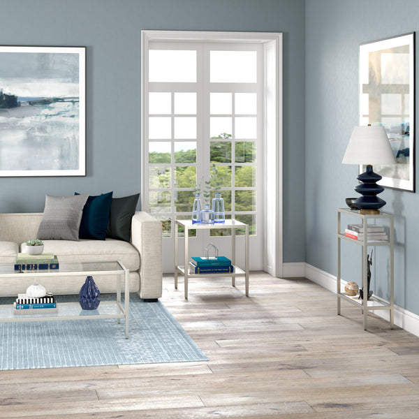 Homeroots 22" Nickel And Clear Glass And Steel Square End Table With Shelf   544179