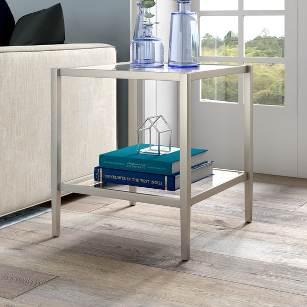 Homeroots 22" Nickel And Clear Glass And Steel Square End Table With Shelf   544179