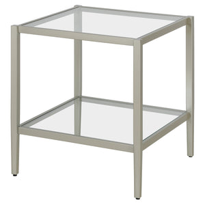 Homeroots 22" Nickel And Clear Glass And Steel Square End Table With Shelf   544179