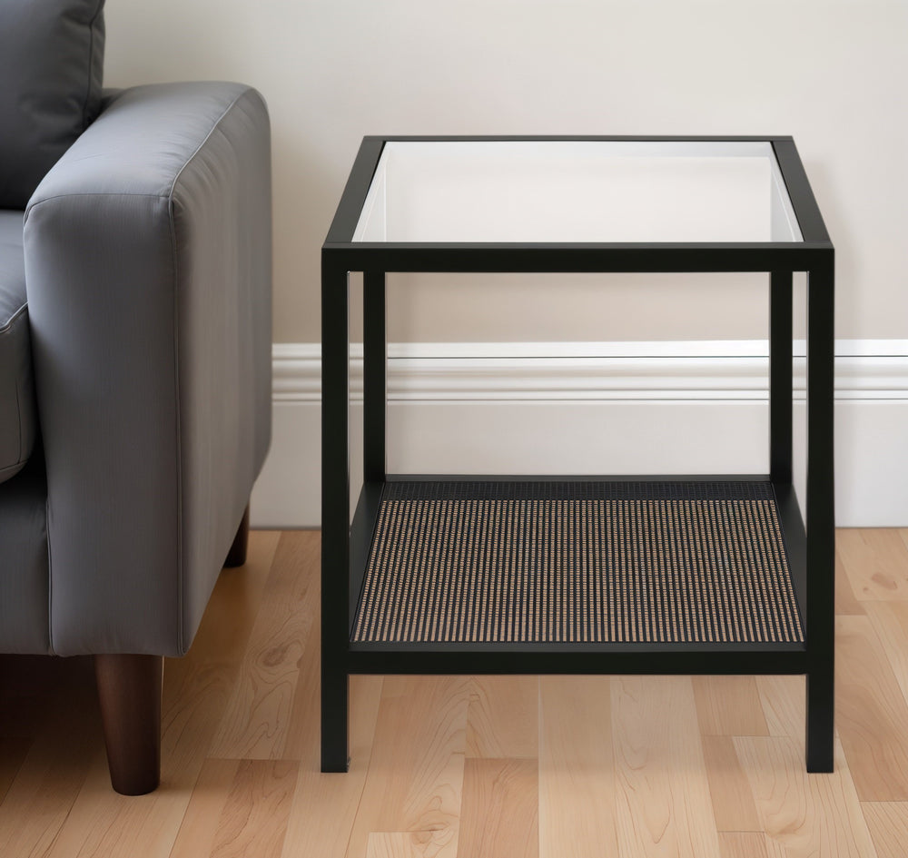 Homeroots 22" Black And Clear Glass And Steel Square End Table With Shelf   544182