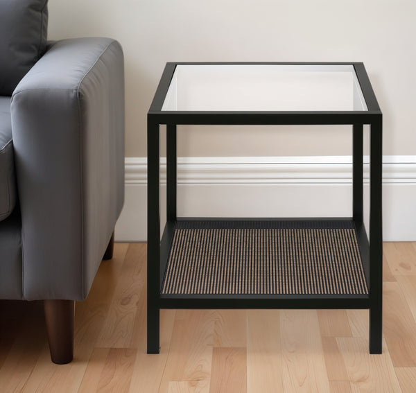 Homeroots 22" Black And Clear Glass And Steel Square End Table With Shelf   544182