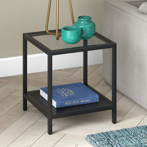 Homeroots 22" Black And Clear Glass And Steel Square End Table With Shelf   544182