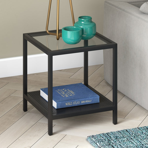 Homeroots 22" Black And Clear Glass And Steel Square End Table With Shelf   544182