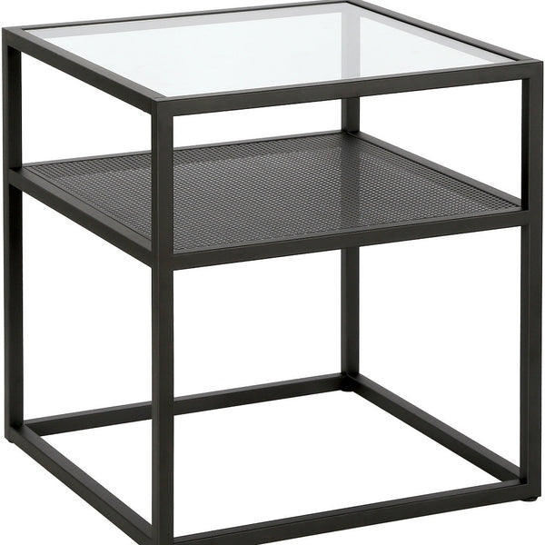 Homeroots 22" Black And Clear Glass And Steel Square End Table With Shelf   544184