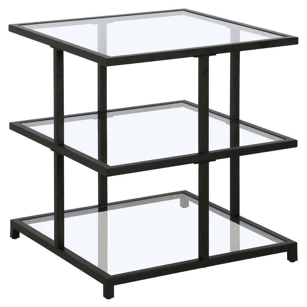 Homeroots 24" Black And Clear Glass And Steel Square End Table With Two Shelves   544185