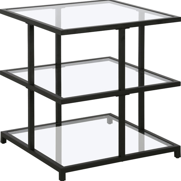 Homeroots 24" Black And Clear Glass And Steel Square End Table With Two Shelves   544185