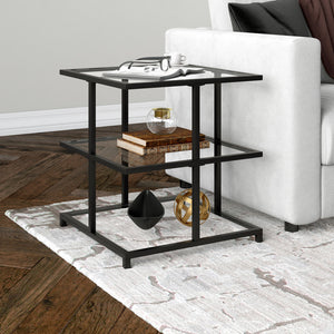 Homeroots 24" Black And Clear Glass And Steel Square End Table With Two Shelves   544185
