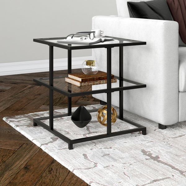 Homeroots 24" Black And Clear Glass And Steel Square End Table With Two Shelves   544185