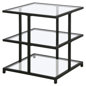 Homeroots 24" Black And Clear Glass And Steel Square End Table With Two Shelves   544185