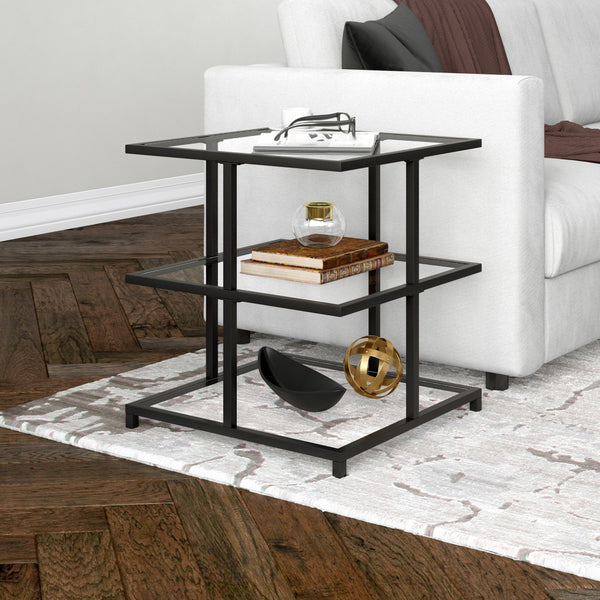 Homeroots 24" Black And Clear Glass And Steel Square End Table With Two Shelves   544185