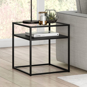 Homeroots 22" Black And Clear Glass And Steel Square End Table With Shelf   544187