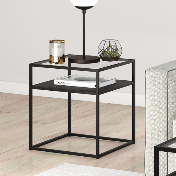 Homeroots 22" Black And Clear Glass And Steel Square End Table With Shelf   544187