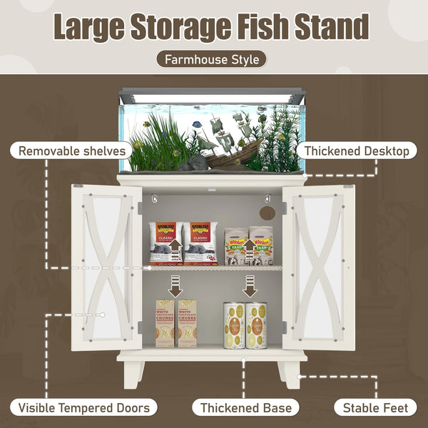English Elm 20 Gallon Fish Tank Stand with Built-In Power Outlets & USB, Farmhouse Style Aquarium Cabinet with Adjustable Shelves and Heavy-Duty 298lb Tabletop Capacity Beige N704P350196A