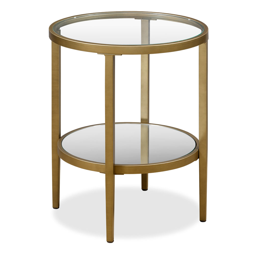 Homeroots 24" Antiqued Brass And Clear Glass And Steel Round Mirrored End Table With Shelf   544188