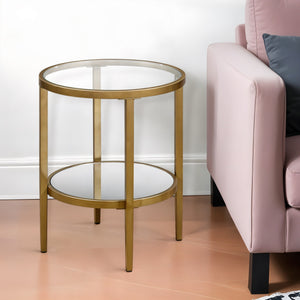 Homeroots 24" Antiqued Brass And Clear Glass And Steel Round Mirrored End Table With Shelf   544188