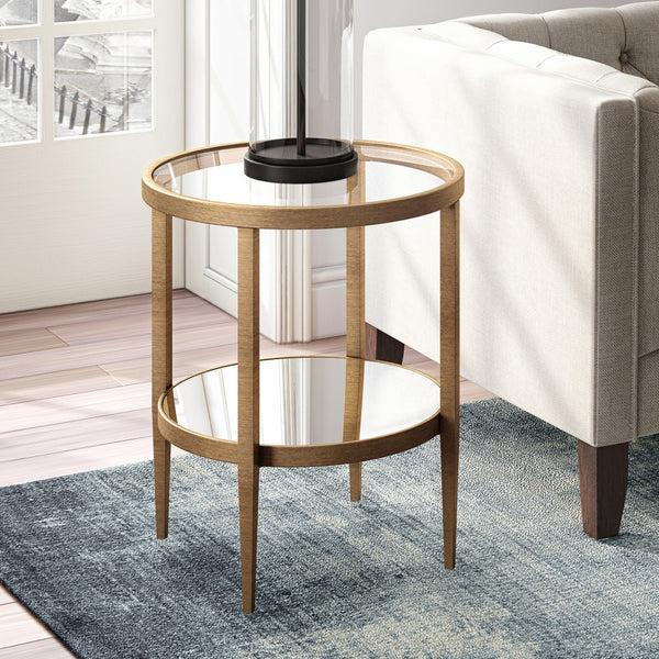 Homeroots 24" Antiqued Brass And Clear Glass And Steel Round Mirrored End Table With Shelf   544188